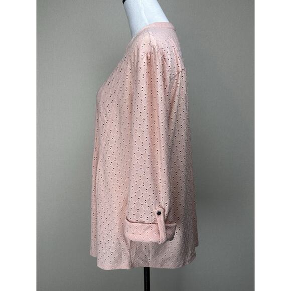 Women's Roz & Ali Top 1X Peach Eyelet Pullover 3/4 Sleeve Stretch Baby Doll - Picture 6 of 11